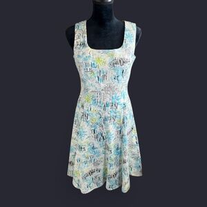 Scarlett  Cotton White Dress with black, green and blue floral print